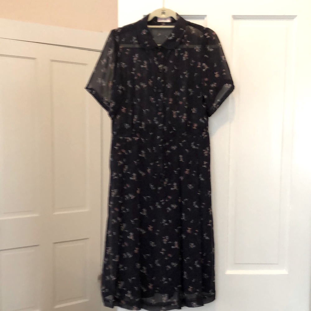 1990s Retro Midnight Blue Sheer Button Down Dress